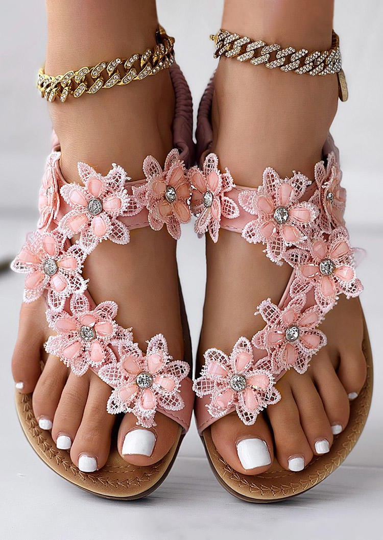 Floral Flip Flops Flat Sandals without Anklet - Pink
