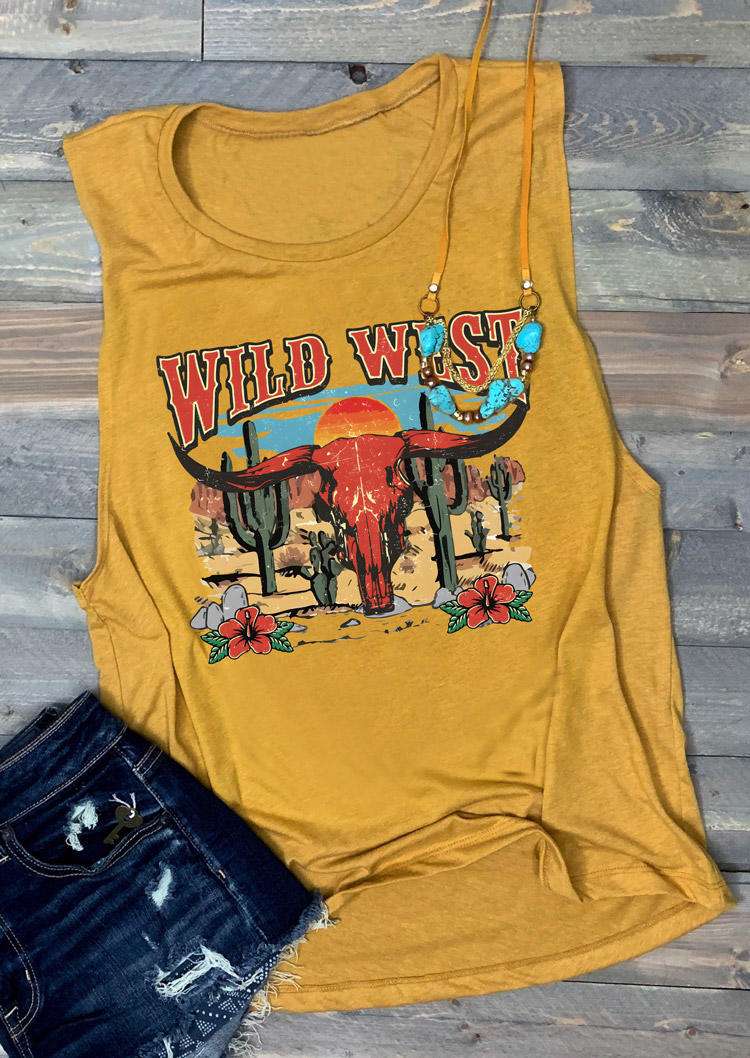 

Tank Tops Wild West Steer Skull Cactus Floral Tank Top in Yellow. Size: M