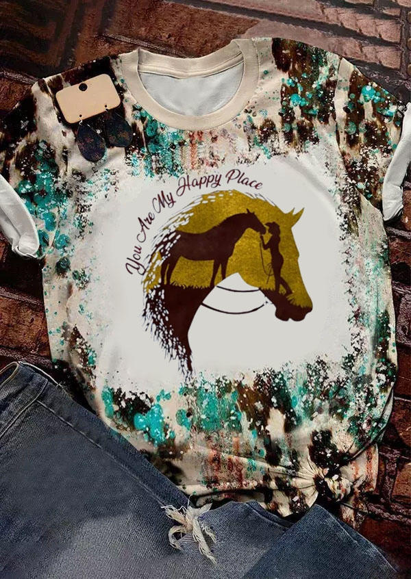 

T-shirts Tees Horse Bleached Casual O-Neck T-Shirt Tee in Multicolor. Size: L,M,,XL