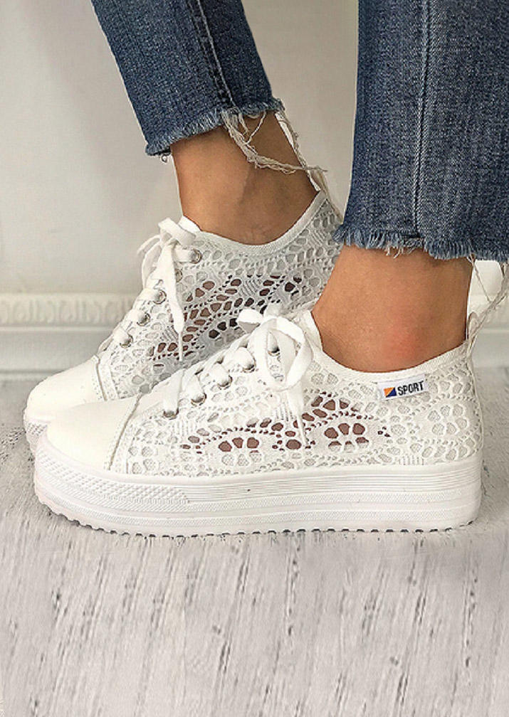 Hollow Out Crochet Breathable Lace Up Platform Sneakers - White