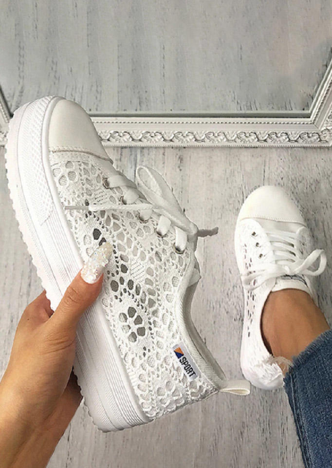 

Sneakers Hollow Out Crochet Breathable Lace Up Platform Sneakers in White. Size