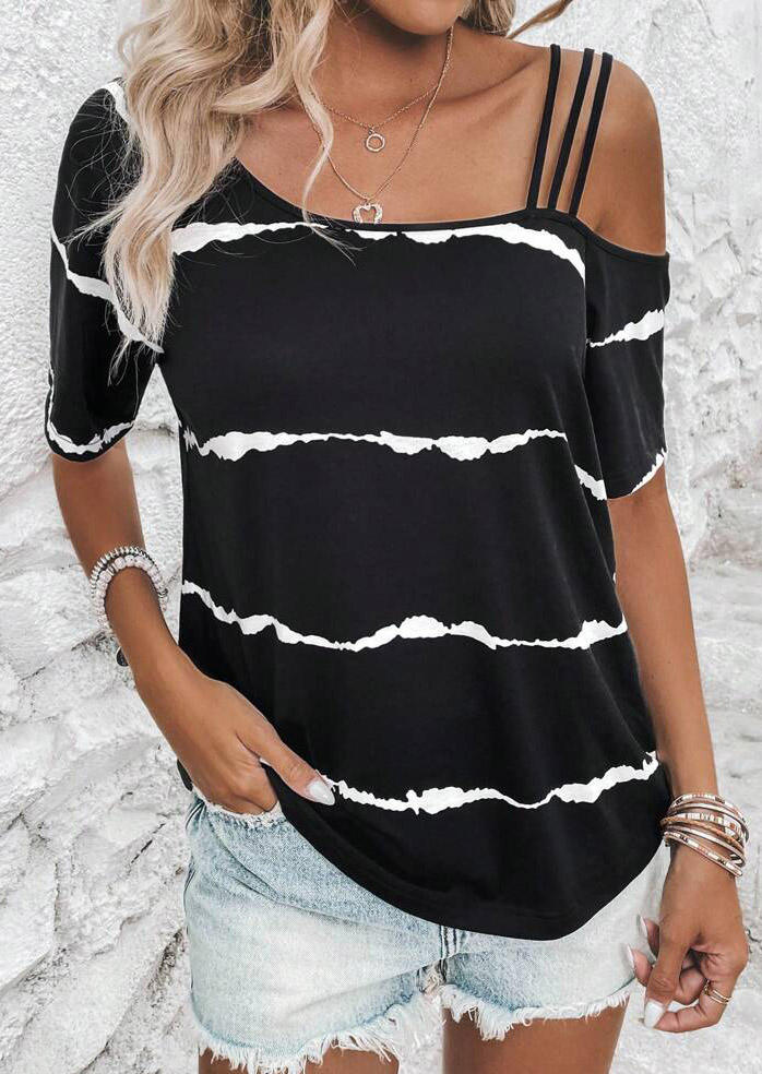 

Blouses Tie Dye Striped One Sided Cold Shoulder Blouse in Black. Size: L,M