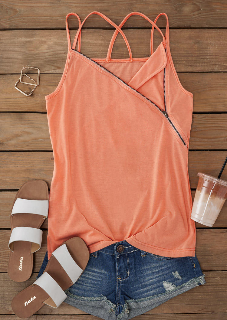 

Tank Tops Criss-Cross Zipper Spaghetti Strap Camisole in Orange. Size: L,M,,XL