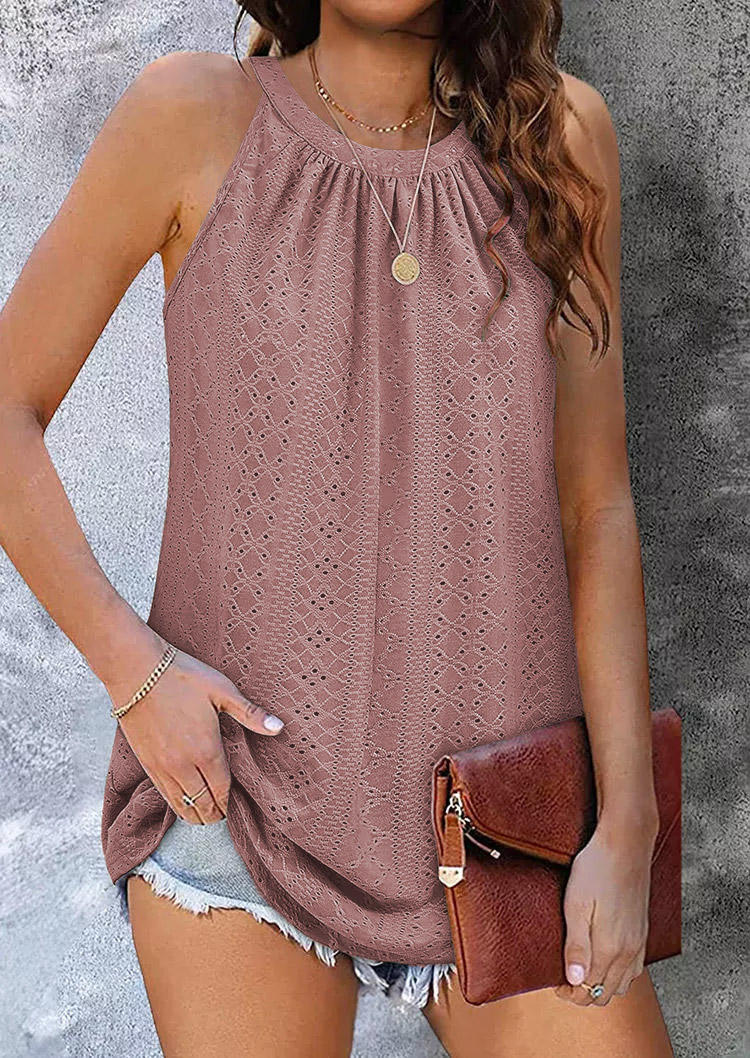 

Tank Tops Hollow Out Ruffled O-Neck Tank Top in Pink. Size: L