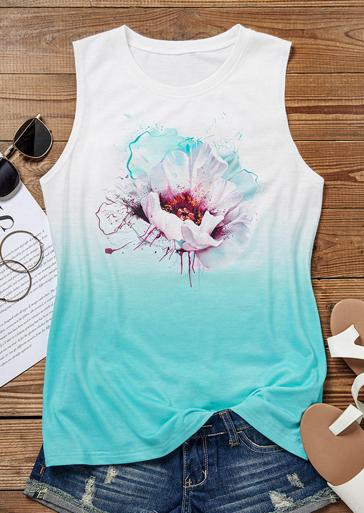 

Tank Tops Ombre Floral O-Neck Tank Top - Cyan in Blue. Size