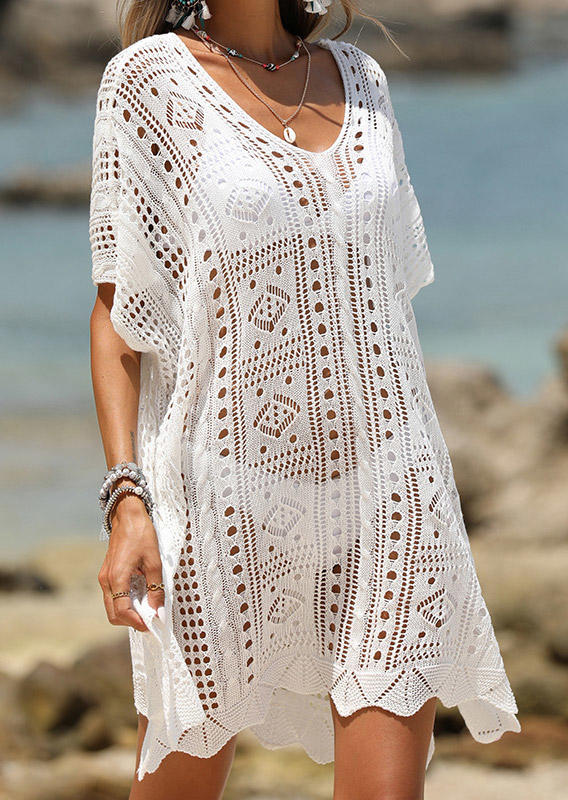 

Cover Ups Hollow Out Crochet Cover Up Dress in White. Size