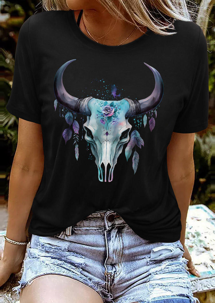

T-shirts Tees Steer Skull Rose Leaf O-Neck T-Shirt Tee in Black. Size