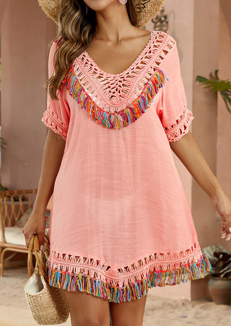 

Cover Ups Tassel Hollow Out Cover Up Dress in Pink. Size