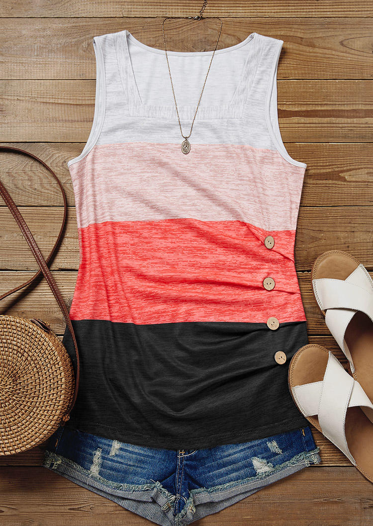 

Tank Tops Color Block Ruched Button Square Collar Tank Top in Multicolor. Size