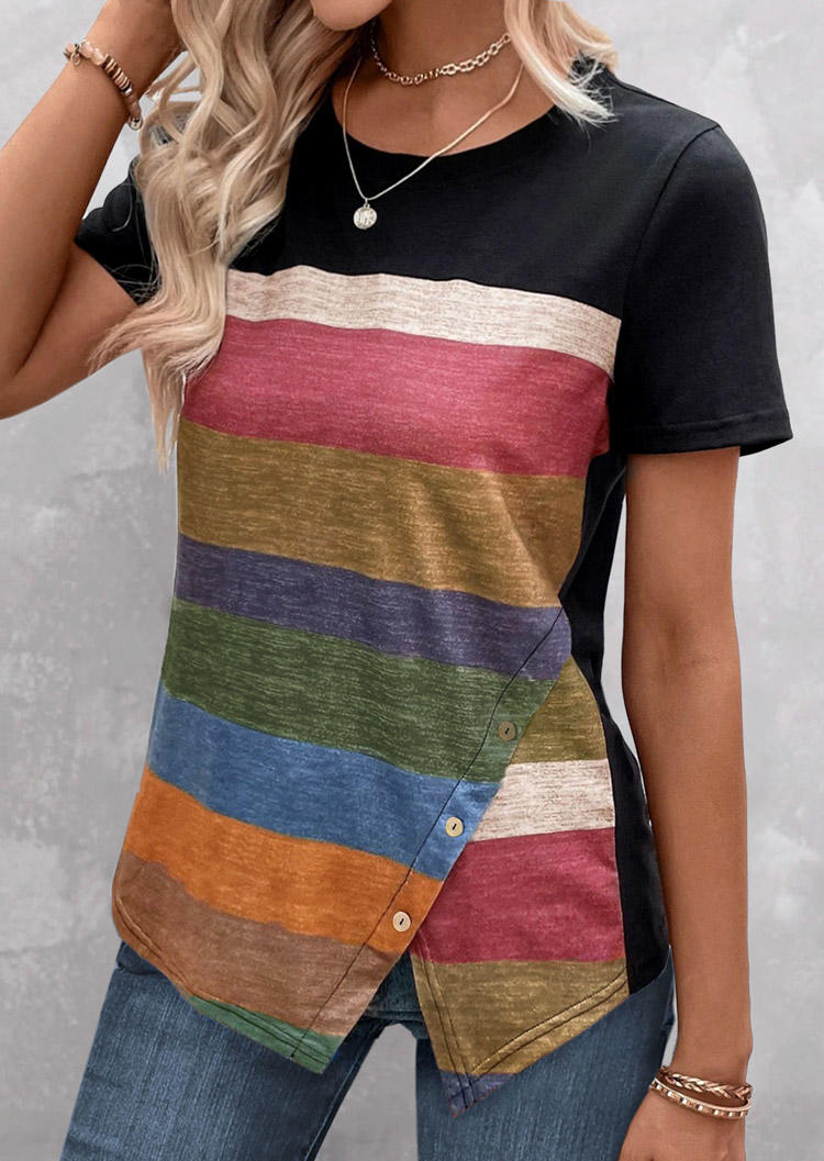 

Blouses Color Block Button Slit O-Neck Blouse in Multicolor. Size: L,,XL