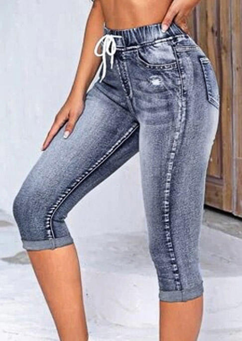 Pocket Ripped Hole Drawstring Capri Pants - Blue