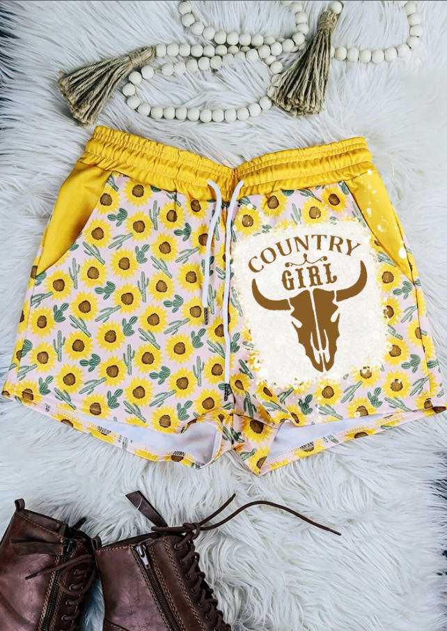 

Shorts Country Girl Sunflower Cactus Steer Skull Shorts in Yellow. Size: L,M,,XL