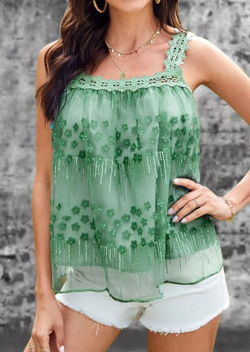 

Tank Tops Ditsy Floral Lace Splicing Ruffled Mesh Tank Top in Green. Size: L,M,,XL