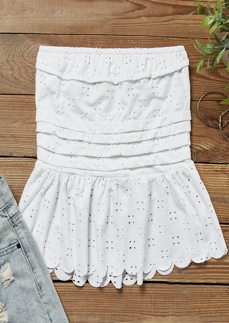 Hollow Out Ruffled Strapless Bandeau Tank - White