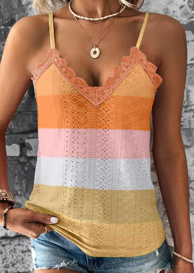 

Tank Tops Color Block Striped Lace Splicing Hollow Out Camisole in Multicolor. Size: M