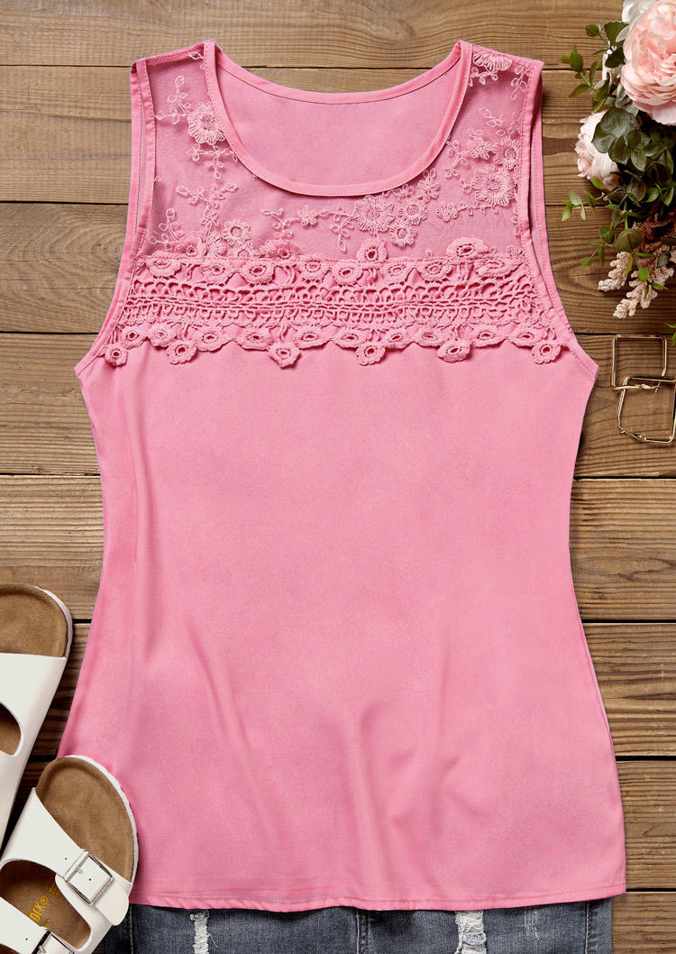 

Tank Tops Lace Floral Splicing O-Neck Tank Top in Pink. Size: L,M,,XL