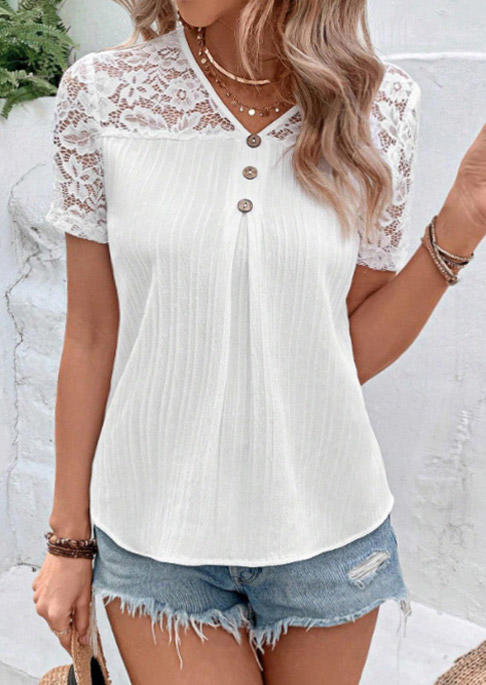 

Blouses Lace Splicing Button V-Neck Blouse in White. Size