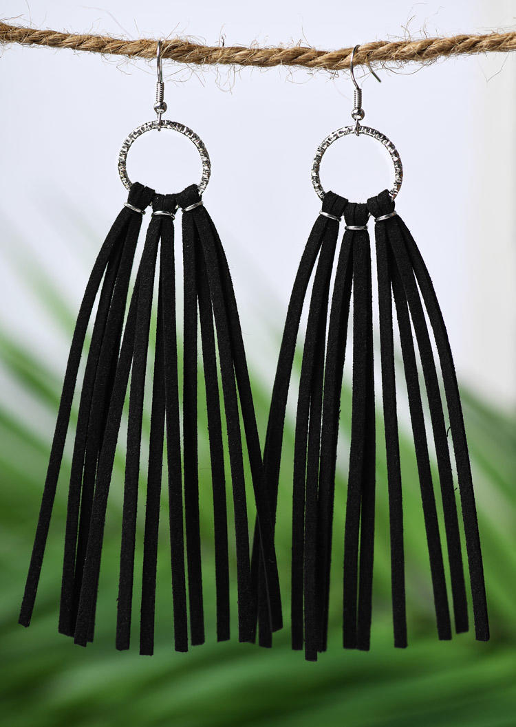 

Earrings Bohemian Tassels Leather Hook Earrings in Black. Size
