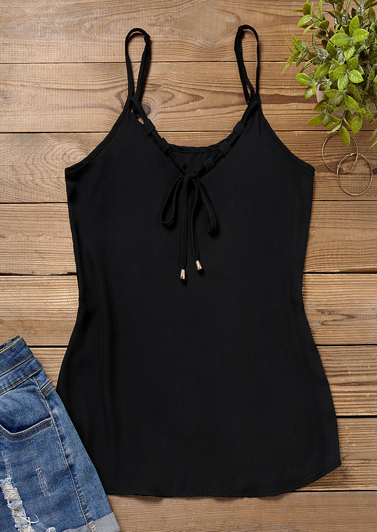 

Tank Tops Hollow Out Tie Spaghetti Strap Camisole in Black. Size