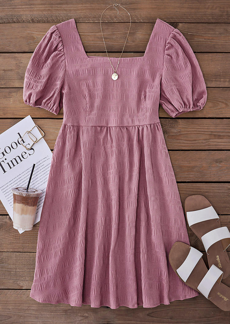 

Mini Dresses Ruffled Puff Sleeve Square Collar Mini Dress in Pink. Size: L,,XL