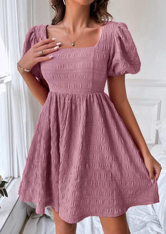 Ruffled Puff Sleeve Square Collar Mini Dress - Pink