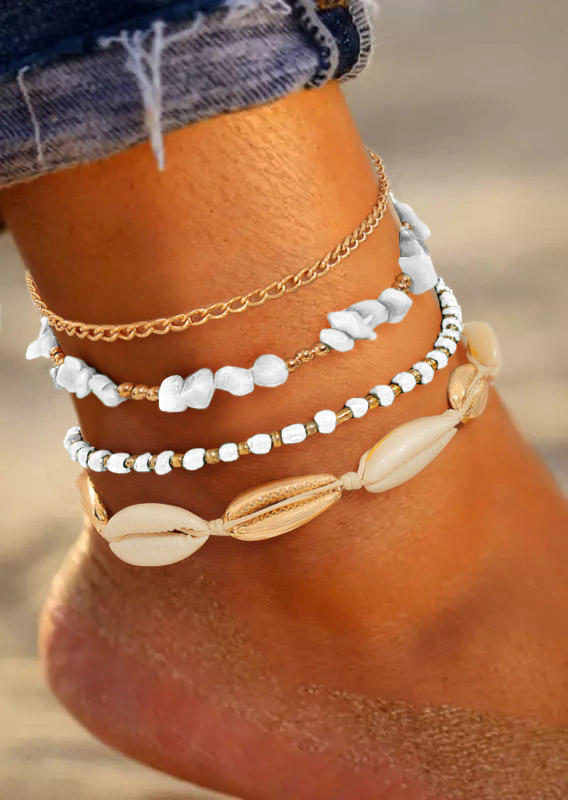 

Body Jewelry 4Pcs Beading Stone Shell Anklet Set in White. Size