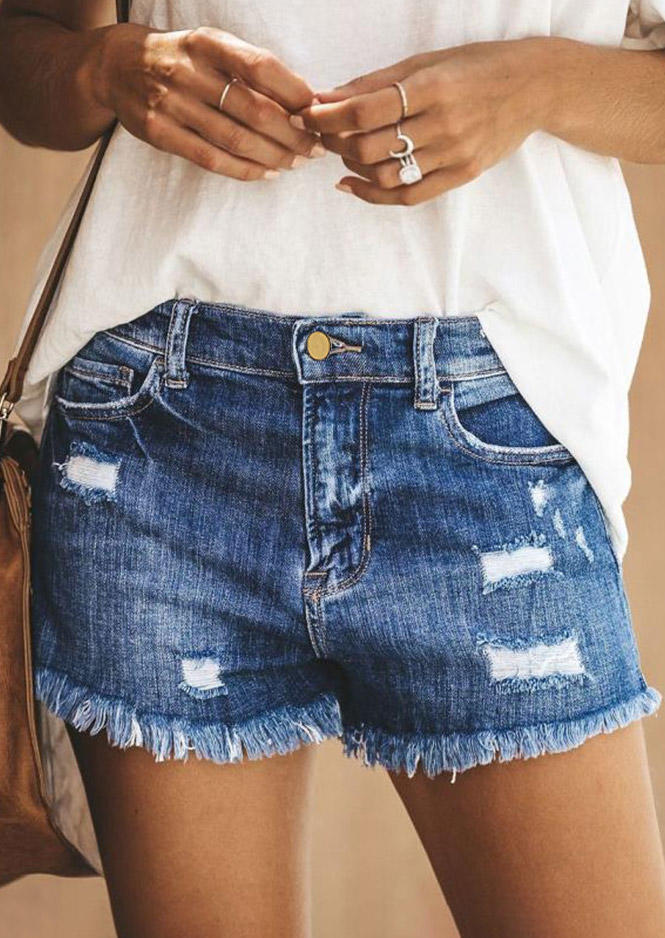Ripped Pocket Button Frayed Hem Denim Shorts - Blue