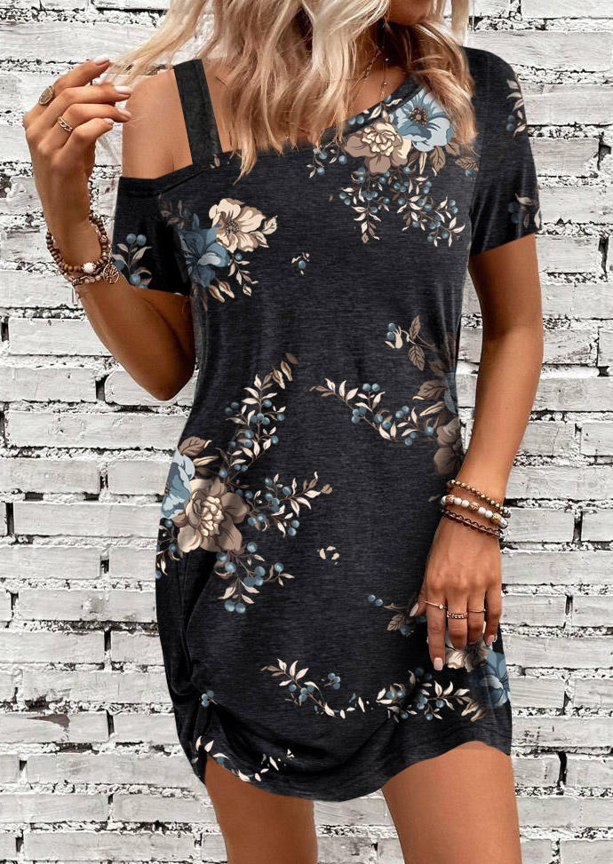 Floral One Sided Cold Shoulder Mini Dress - Black