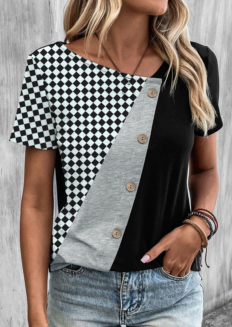 

Blouses Color Block Checkered Button Blouse in Multicolor. Size: L,M