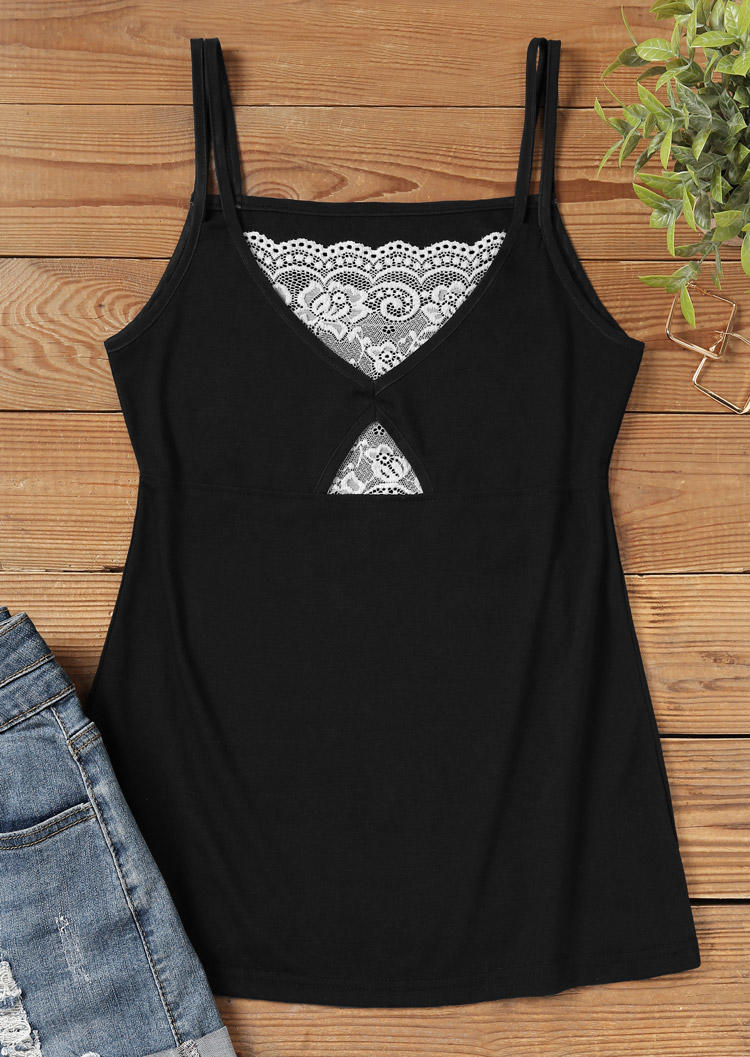 

Tank Tops Lace Splicing Hollow Out Fake Two-Piece Camisole in Black. Size