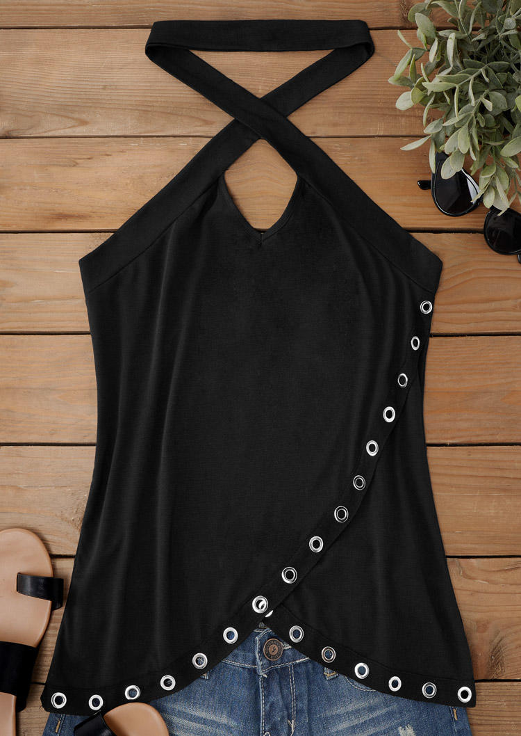 

Tank Tops Criss-Cross Hollow Out Eyelet Halter Tank Top in Black. Size: M