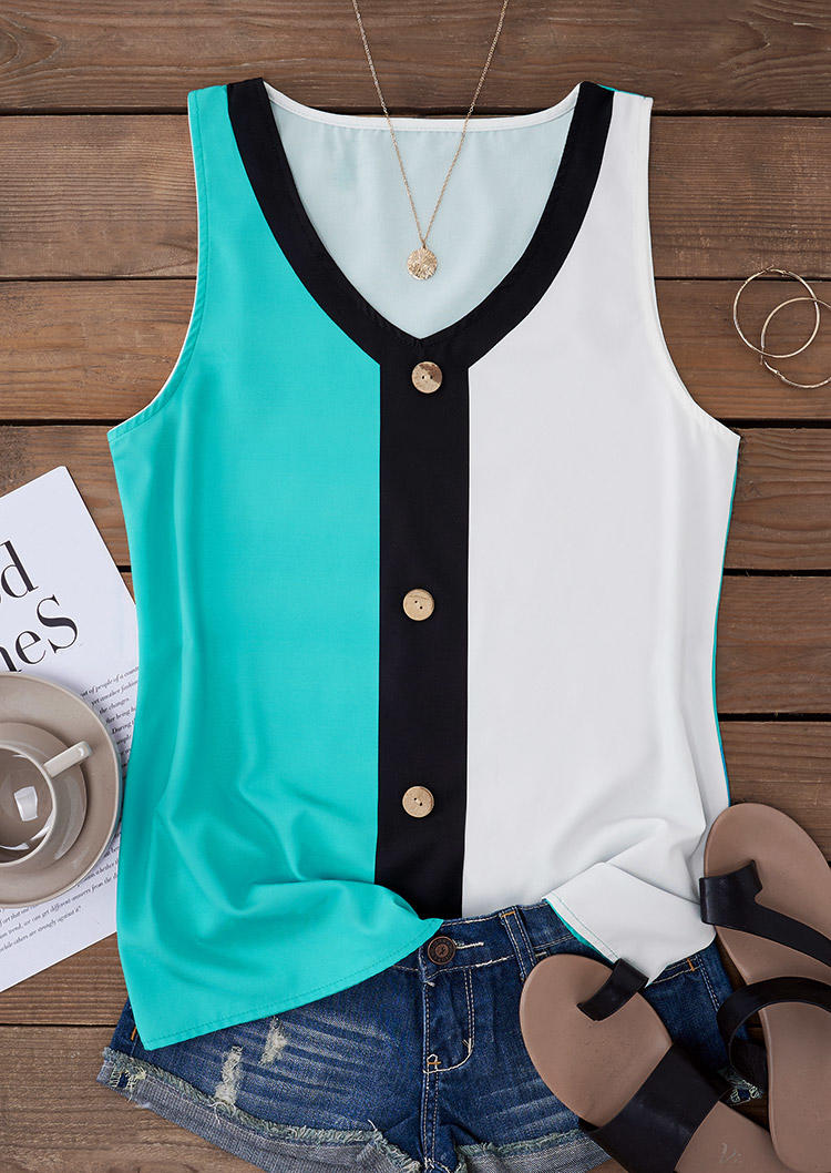 

Tank Tops Color Block Button V-Neck Tank Top in Multicolor. Size: M