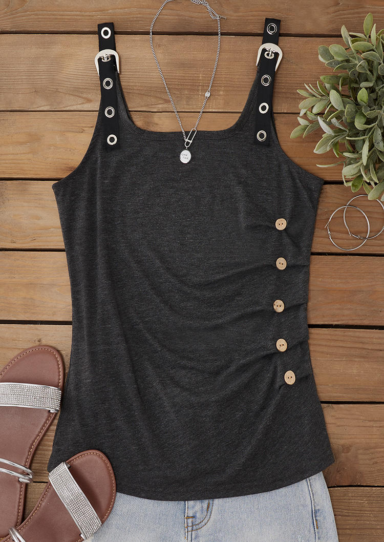 

Tank Tops Button Eyelet Ruffled Square Collar Tank Top in Black. Size: ,XL