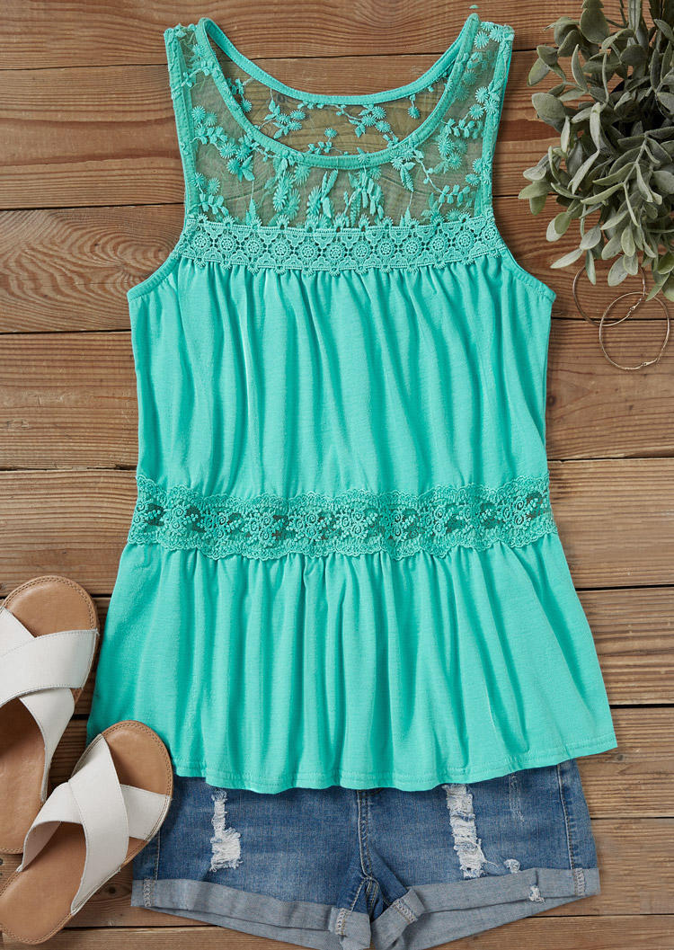 

Tank Tops Lace Splicing Ruffled O-Neck Tank Top - Lake Blue in Blue. Size