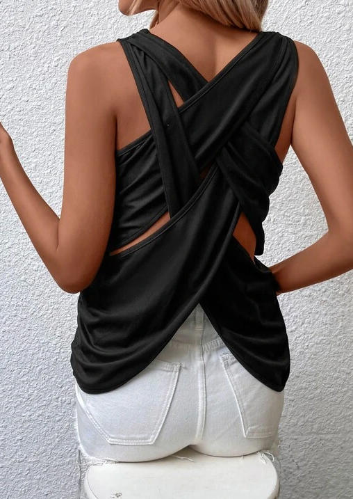 

Tank Tops Criss-Cross Ruffled Hollow Out Tank Top in Black. Size