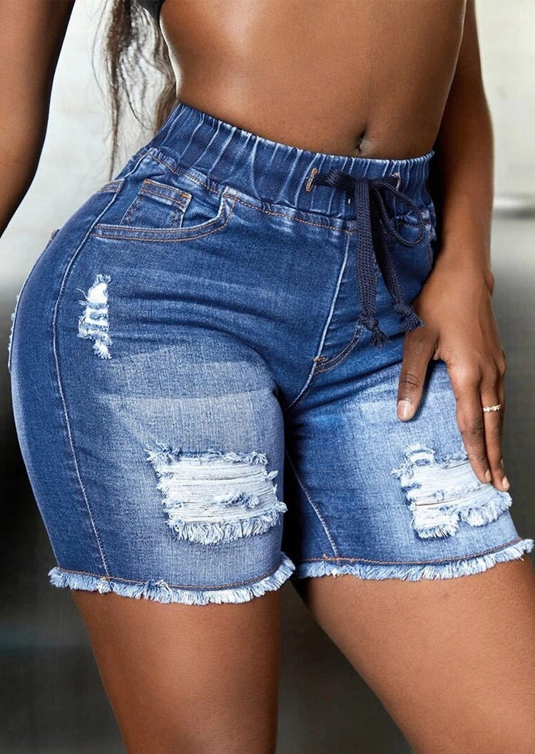 Frayed Hem Pocket Ripped Denim Shorts - Blue