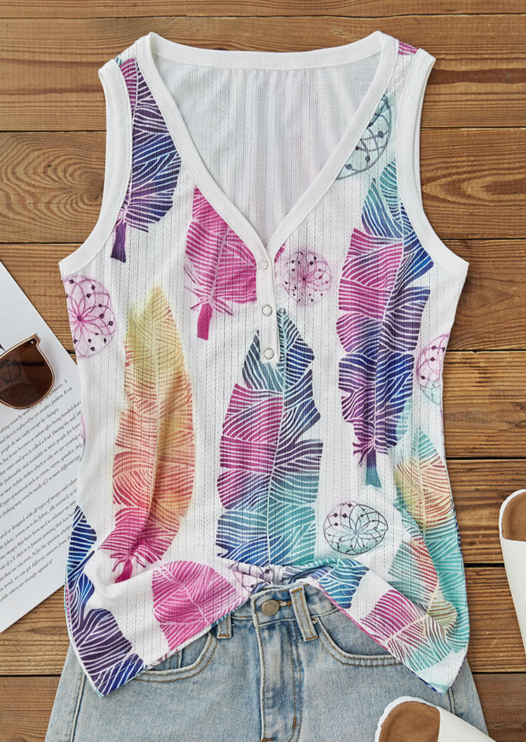 

Tank Tops Palm Leaf Snap Button Ribbed Tank Top in Multicolor. Size