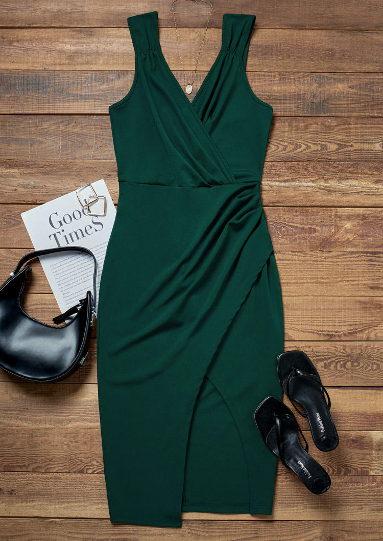 

Midi Dresses Open Back Zipper Slit Wrap V-Neck Midi Dress in Green. Size