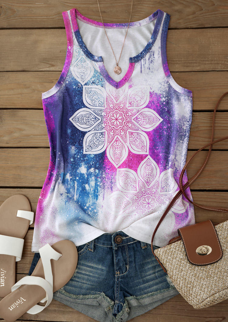 

Tank Tops Tie Dye Floral Notched Neck Tank Top in Multicolor. Size: L,M