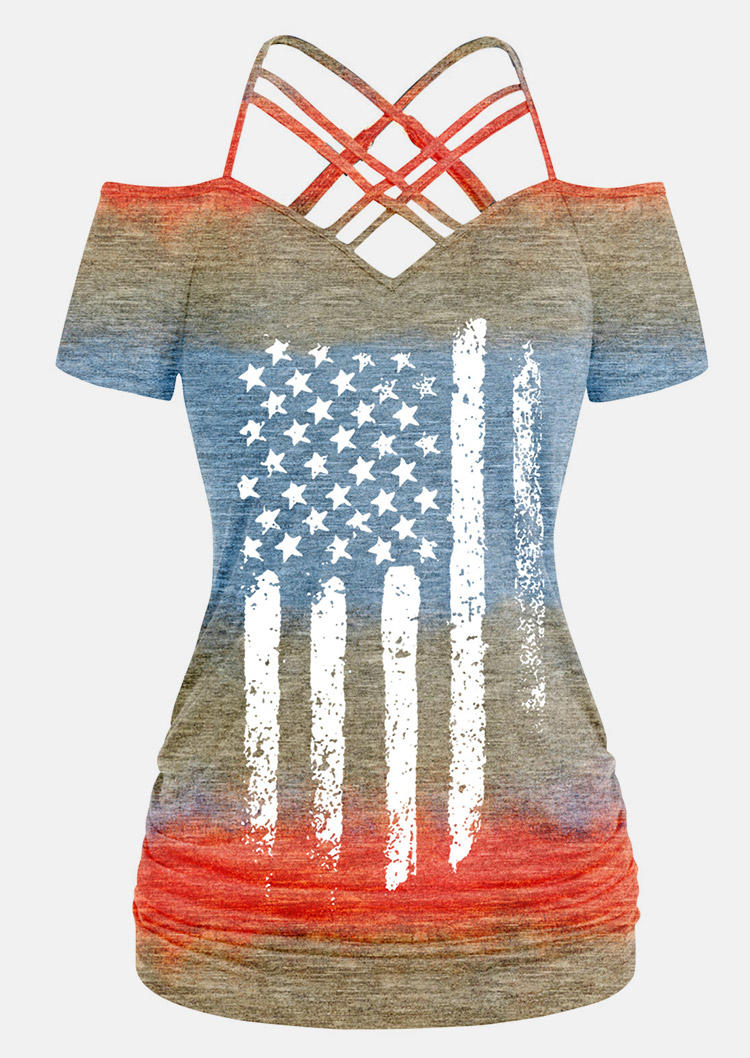 

Blouses Color Block American Flag Criss-Cross Blouse in Multicolor. Size: L,M,,XL