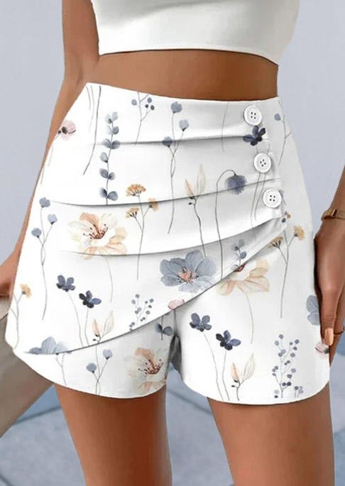 

Shorts Floral Ruched Button Wrap Casual Shorts in White. Size