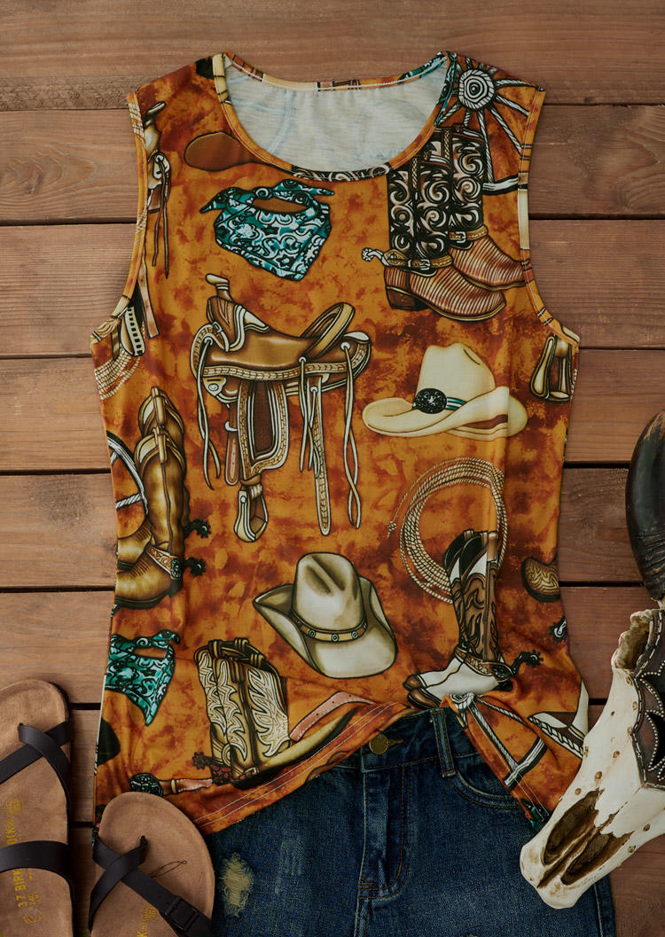 

Tank Tops Western Hat Boots O-Neck Tank Top in Multicolor. Size