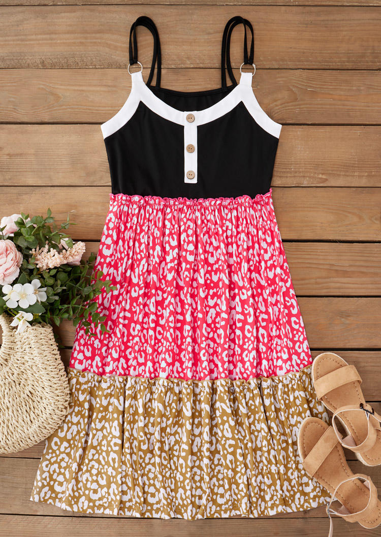 

Mini Dresses Leopard Color Block Button Spaghetti Strap Mini Dress in Multicolor. Size: L,M,,XL