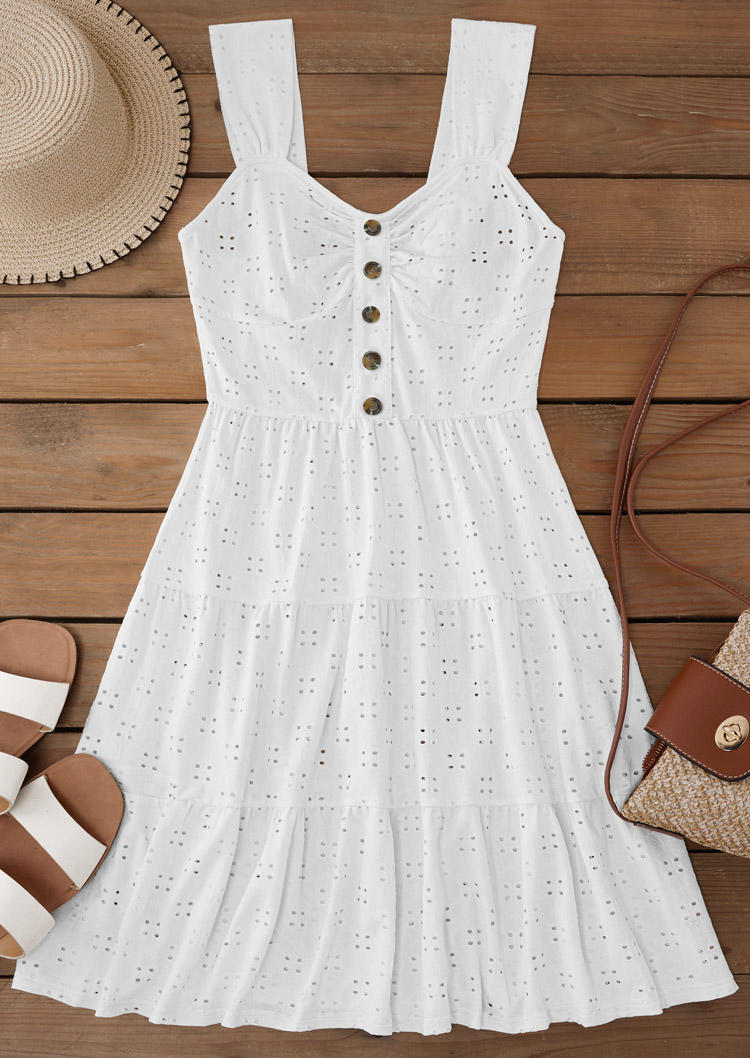 

Mini Dresses Button Ruffled Mini Dress in White. Size