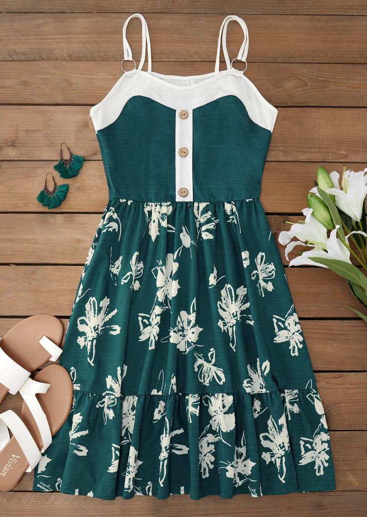 

Mini Dresses Floral Color Block Button Spaghetti Strap Mini Dress in Green. Size: L,M,,XL