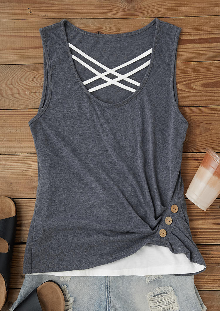 

Tank Tops Criss-Cross Button Fake Two-Piece Tank Top in Gray. Size