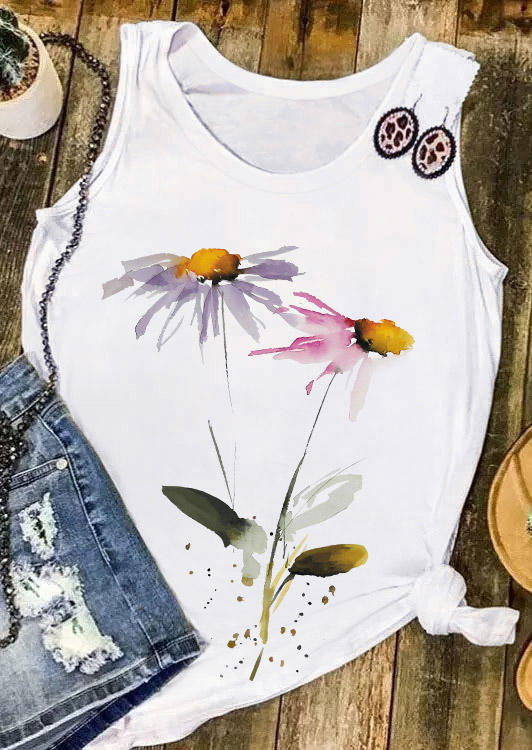 

Tank Tops Watercolor Daisy O-Neck Tank Top in White. Size