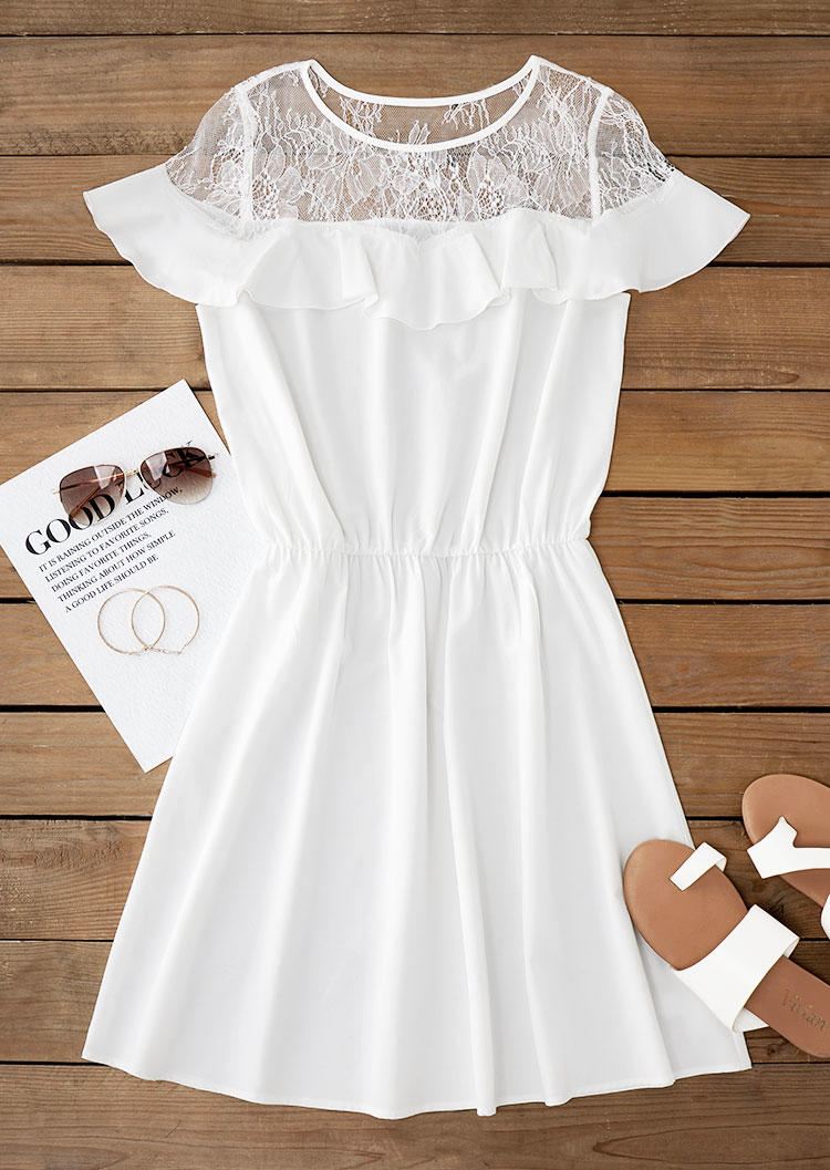 

Mini Dresses Ruffled Lace Splicing O-Neck Mini Dress in White. Size: L,M,,XL