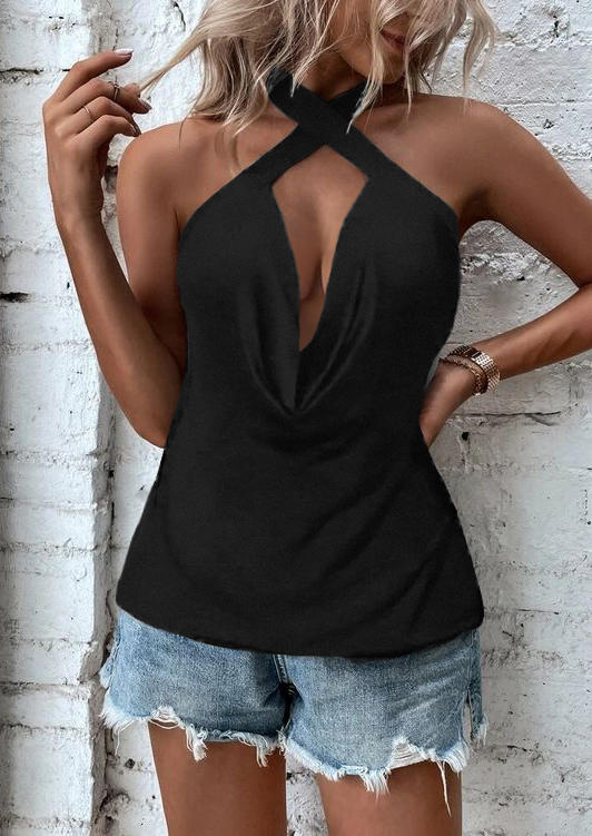 

Tank Tops Criss-Cross Halter Camisole in Black. Size