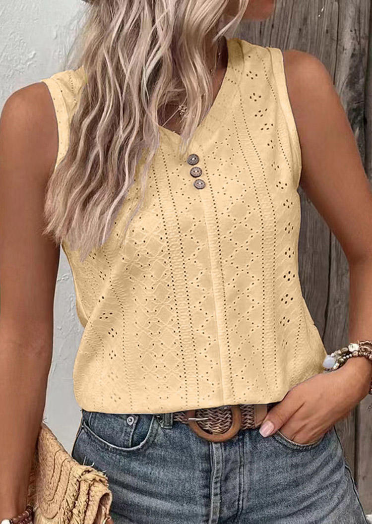 

Tank Tops Hollow Out Button Tank Top in Yellow. Size
